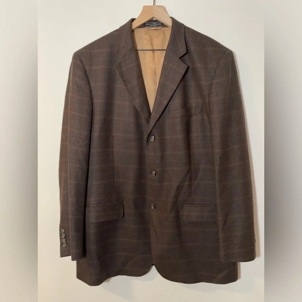 Haspel Brown 100% Lambswool Mens Suit Jacket Size 44 Long 3 Button Subtle Plaid